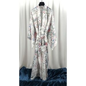 Vintage Floral Satin Robe | 70s 80s Polyester Dressing Gown Kimono with Belt